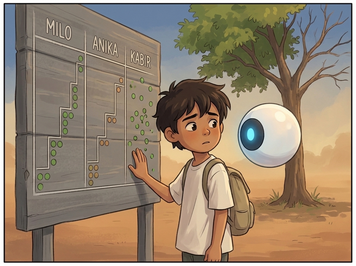 Milo with one hand flat against the wood over Kabir's chaotic column, Spark floating gently at eye level offering something delicate, the half-alive neem tree behind