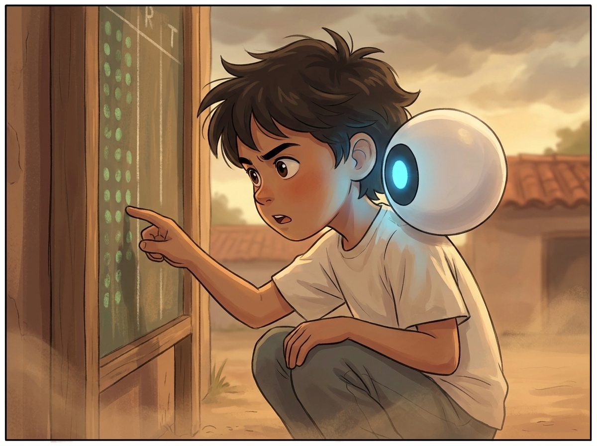 Milo crouched against the scoreboard, finger near a column of green chalk dots, absorbed, Spark glowing blue at his shoulder
