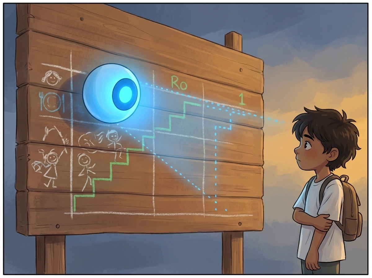 Spark's blue light extending each cluster of green dots one step into the future, Milo watching at the edge