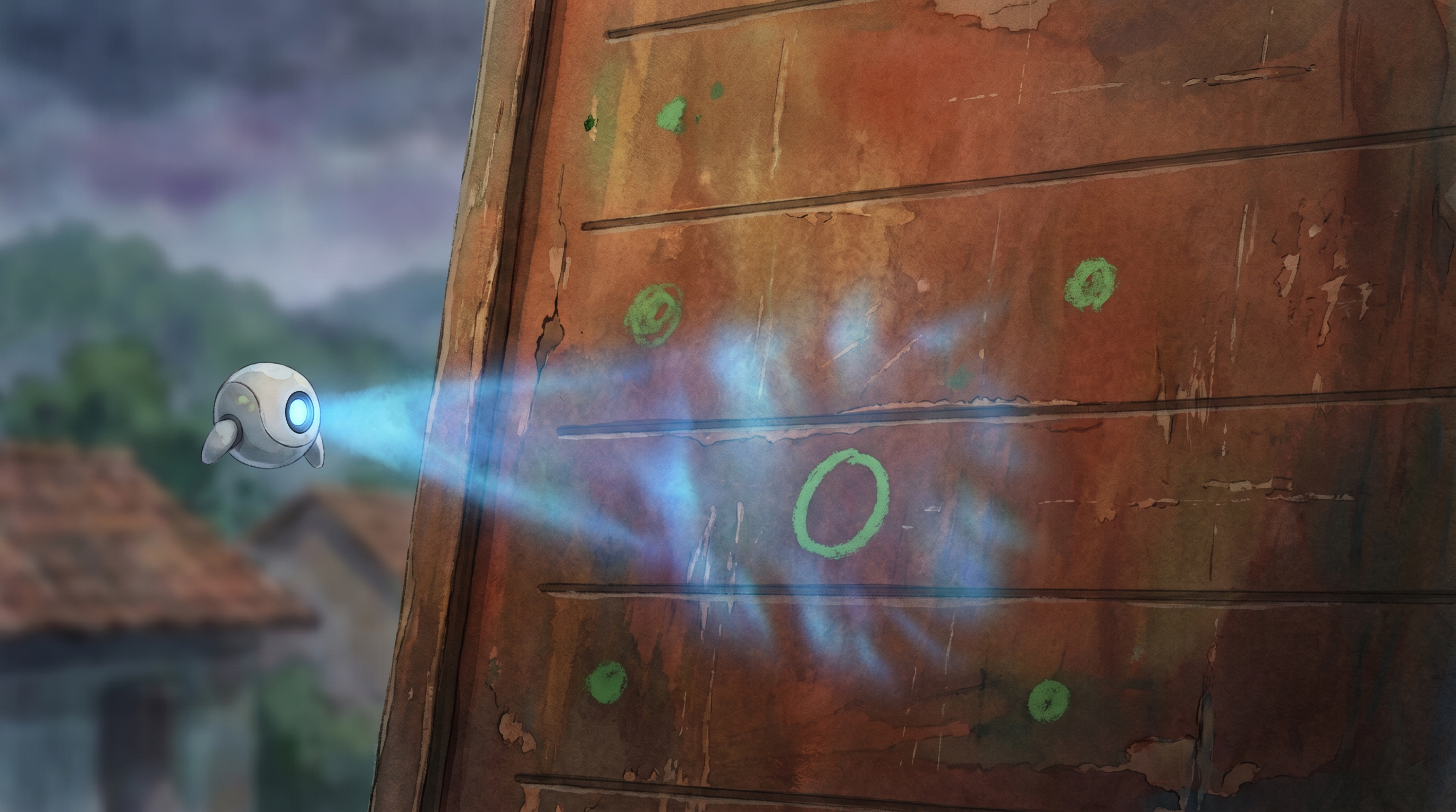 A wild scatter of green chalk dots with no pattern — boom, zero, boom — Spark's light hesitating over them