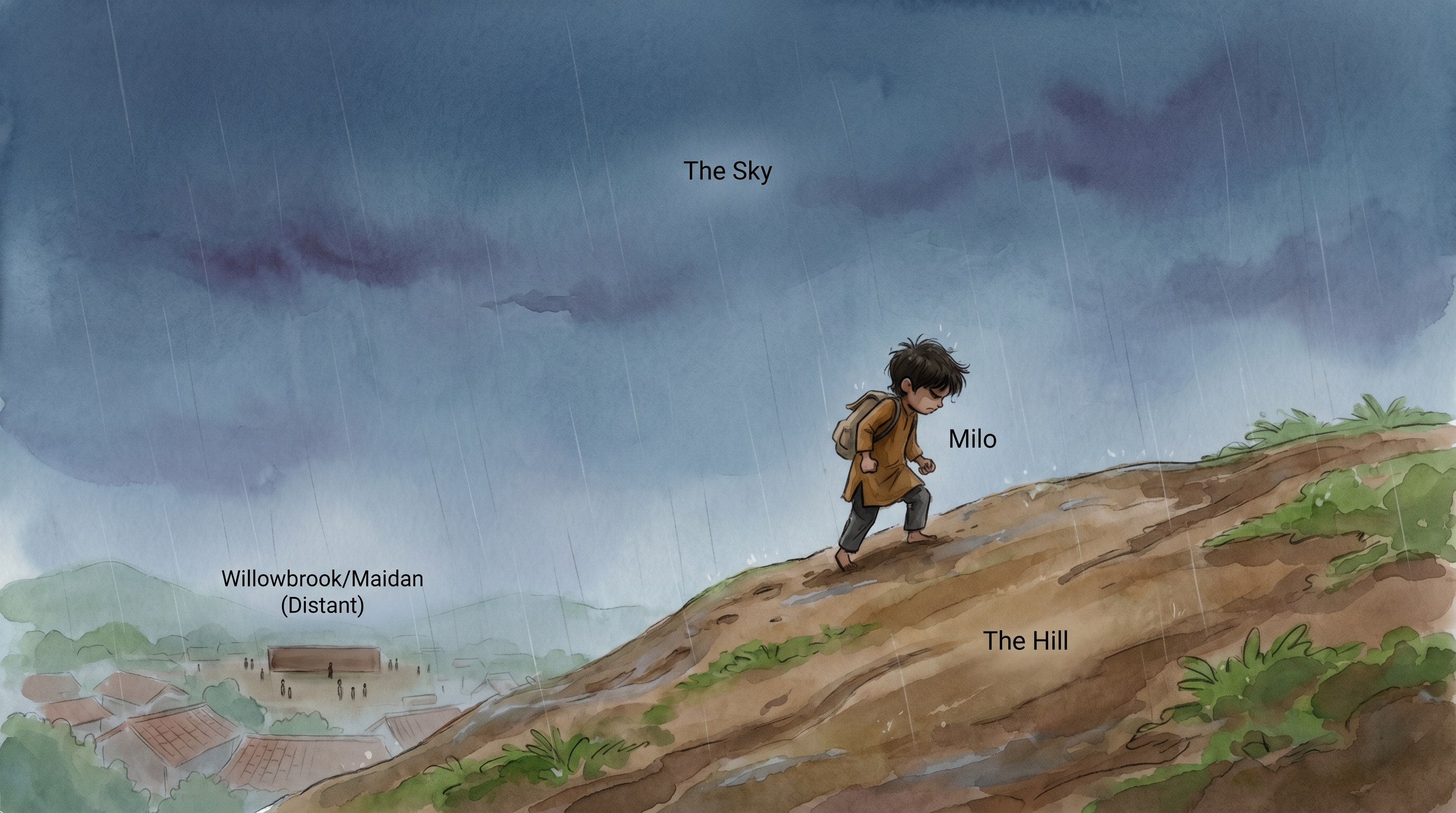 Milo small and alone, climbing the hill in the first rain, the Maidan shrunk to a brown rectangle far below