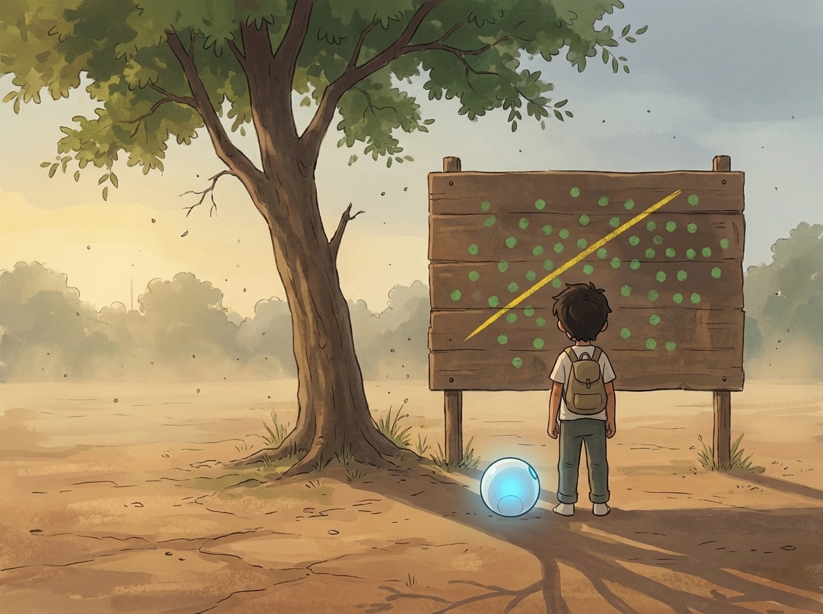 Milo standing before the scoreboard at dawn on the dusty Maidan, Spark glowing low at his feet