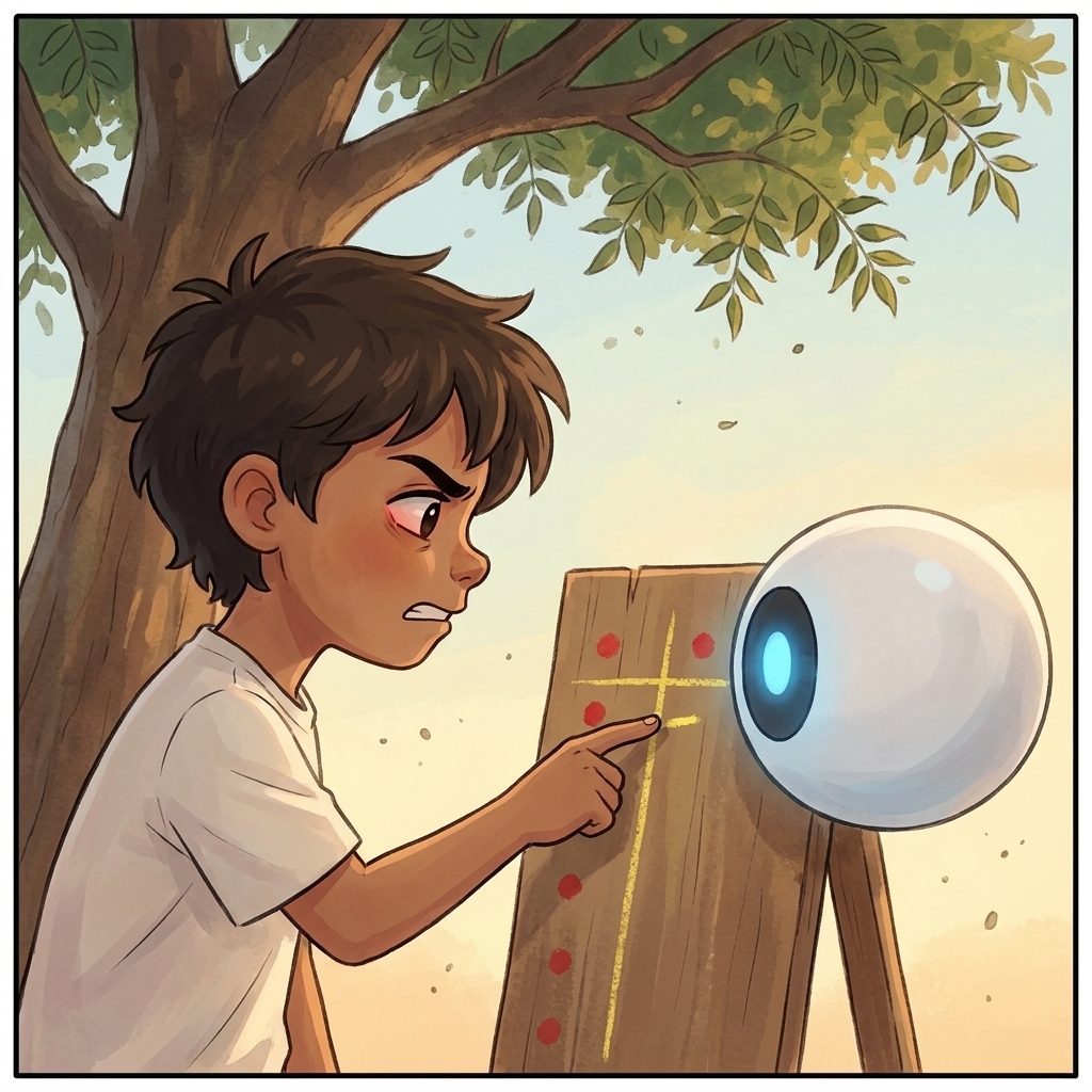 Milo jabbing a finger at the yellow chalk line, Spark hovering patiently beside the board