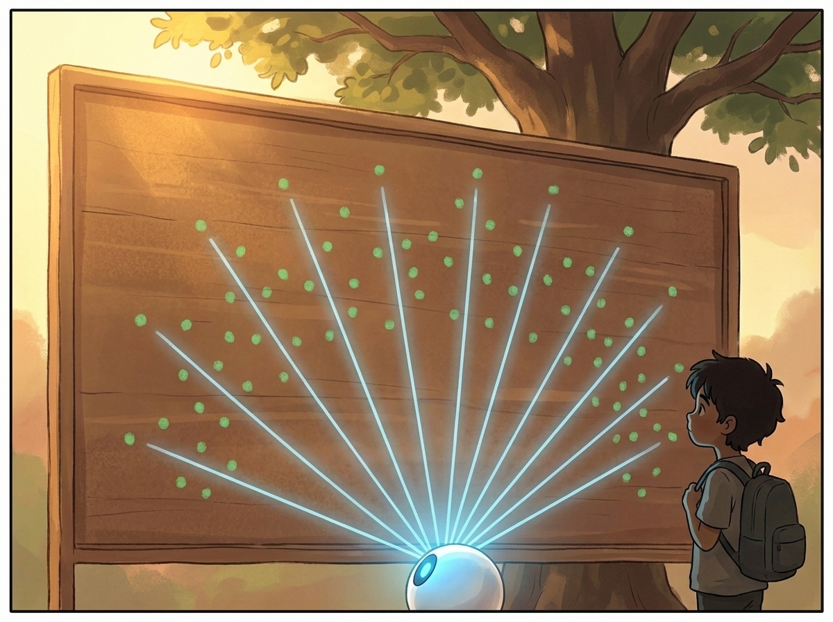 Ten thin beams of pale blue light fanning across the scoreboard through Kabir's scattered dots