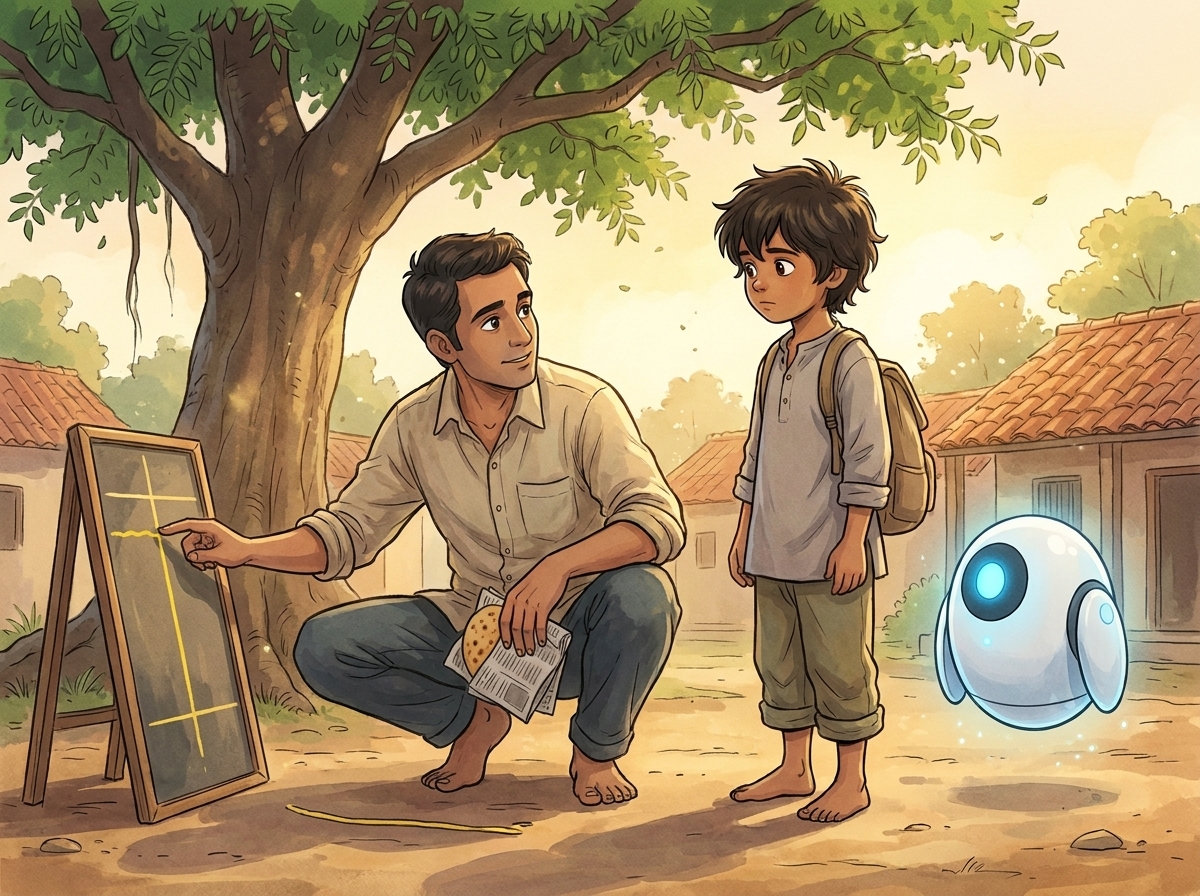 Appa crouched beside the scoreboard touching the yellow line, Milo listening, Spark glowing softly