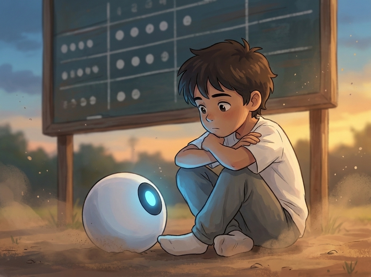 Milo sitting cross-legged in the dust before the scoreboard, Spark settled low beside him glowing softly