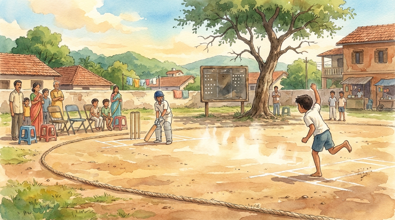 Wide establishing shot of the dusty Maidan on match day, rope boundary, chalk pitch, the half-dead neem tree, parents and kids on folding chairs, two boys padded up at the crease