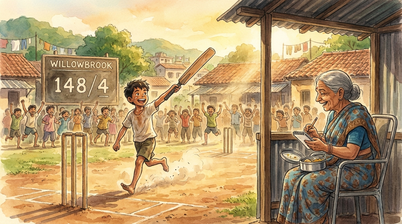 Ro mid-stride between the wickets, sweat-soaked and jubilant, pointing his bat at the sky, with Mrs. Kamala in the stands scribbling delightedly