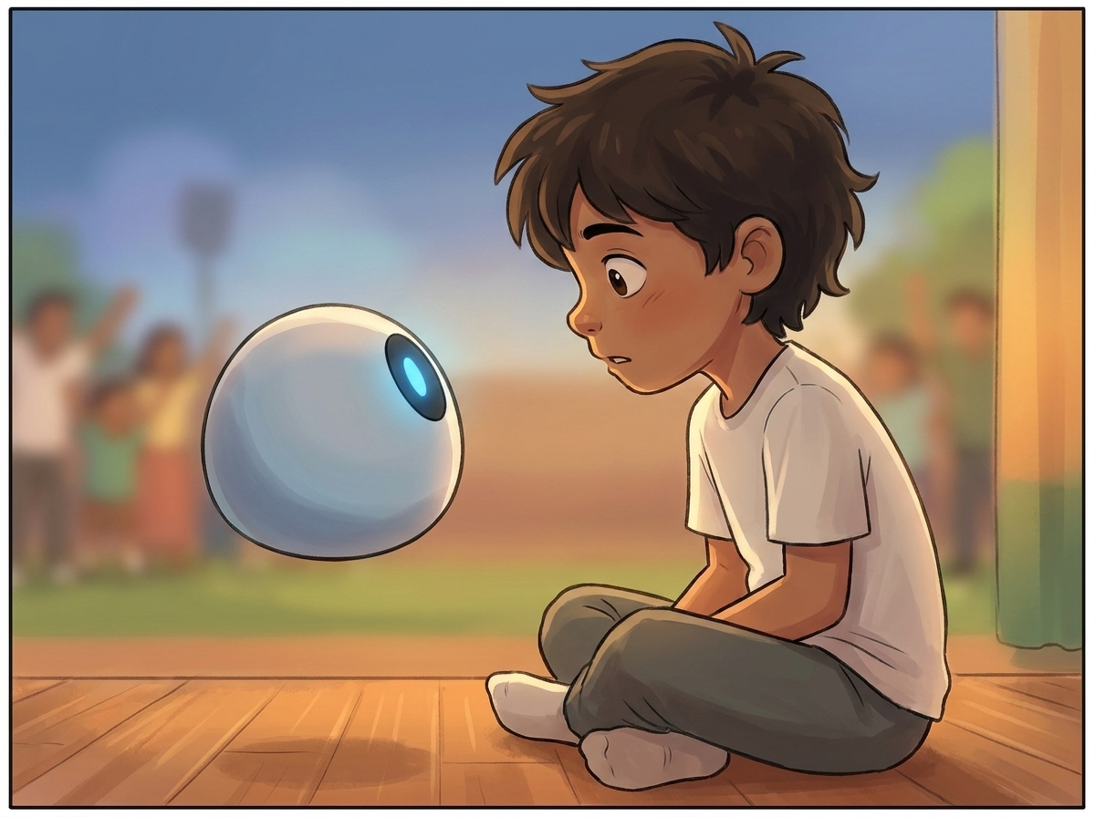 Close two-shot: Milo turned fully toward Spark, his face between disbelief and triumph and something gentler, while Spark's light dims in quiet humility, the celebration blurred behind