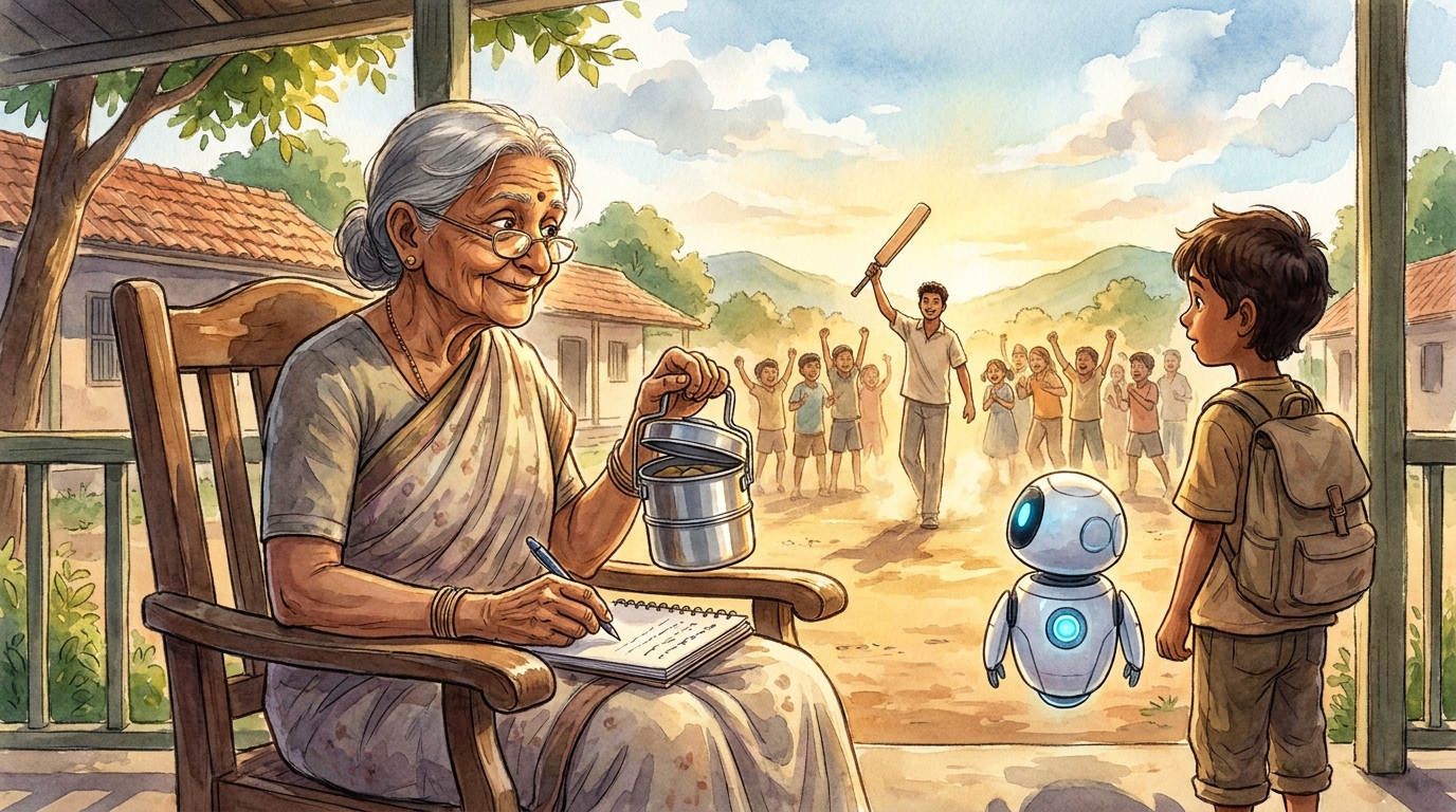 Mrs. Kamala in her chair, an elderly woman with kind crinkled eyes, holding her steel tiffin notebook, smiling warmly at Milo and Spark, Ro raising his bat in the soft background