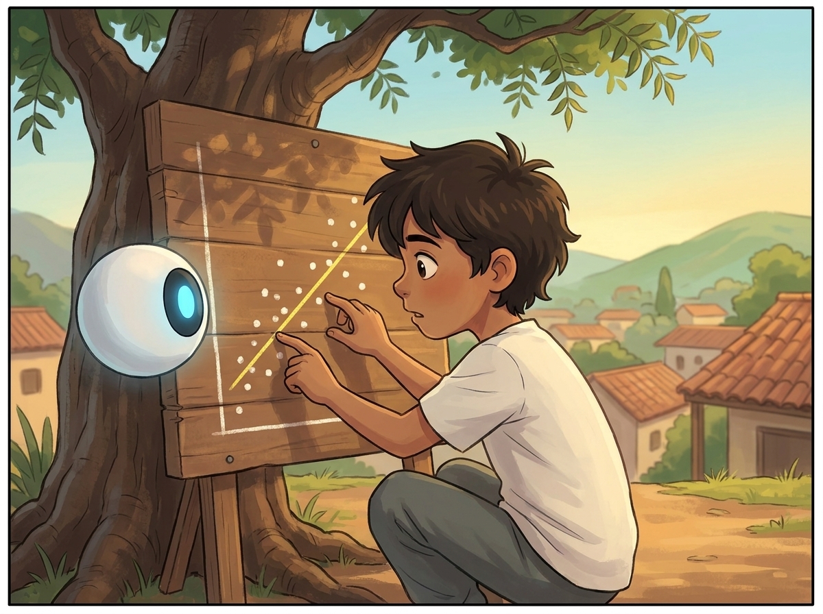 Milo crouched at the scoreboard behind the neem tree, fingertips on the chalk dots, tracing Kabir's scattered boom-zero-boom pattern and the yellow best-fit line, Spark glowing patiently beside the board