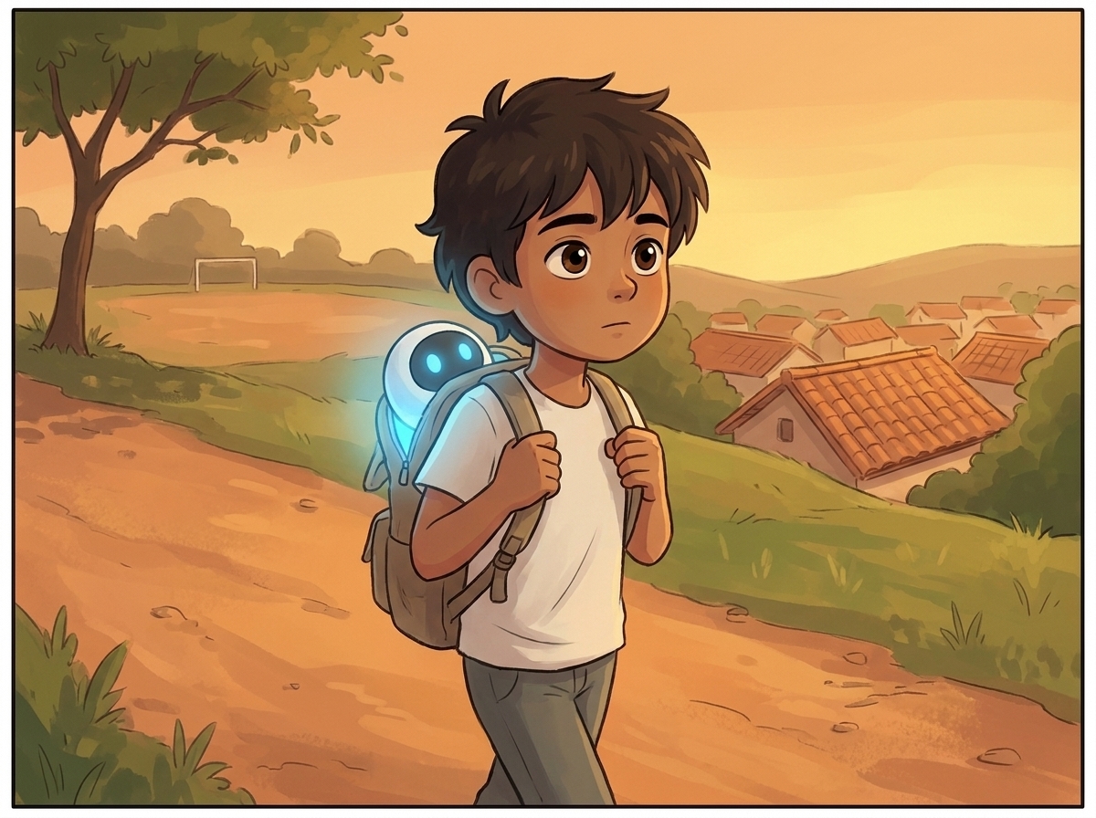 Milo walking the dusty path home in the long golden-orange dusk, school bag on his back with a soft blue glow leaking from the open top where Spark sits switched on, his face thoughtful and no longer angry
