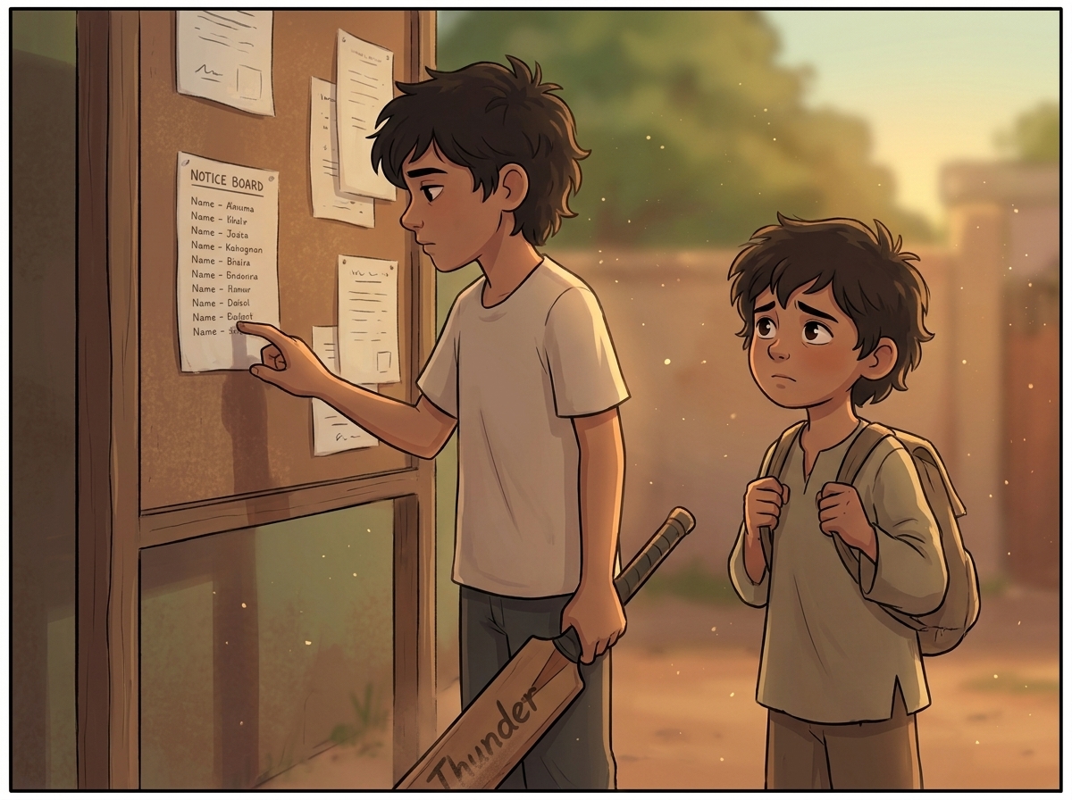 Kabir at the noticeboard, finger under the printed names, his face emptying out, Milo half a step back watching him