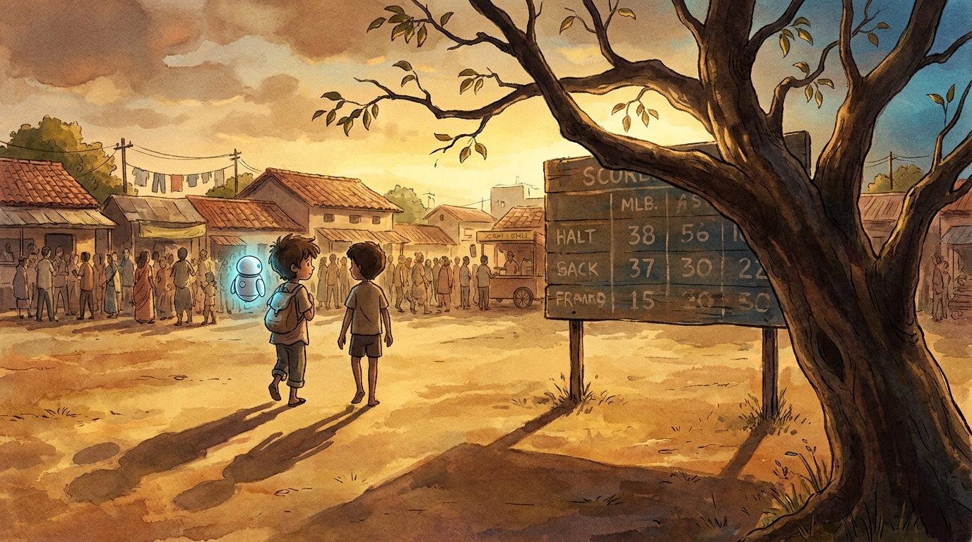 Two boys walking across the golden Maidan toward the old wooden scoreboard behind the neem tree, Spark's blue glow rising from Milo's bag