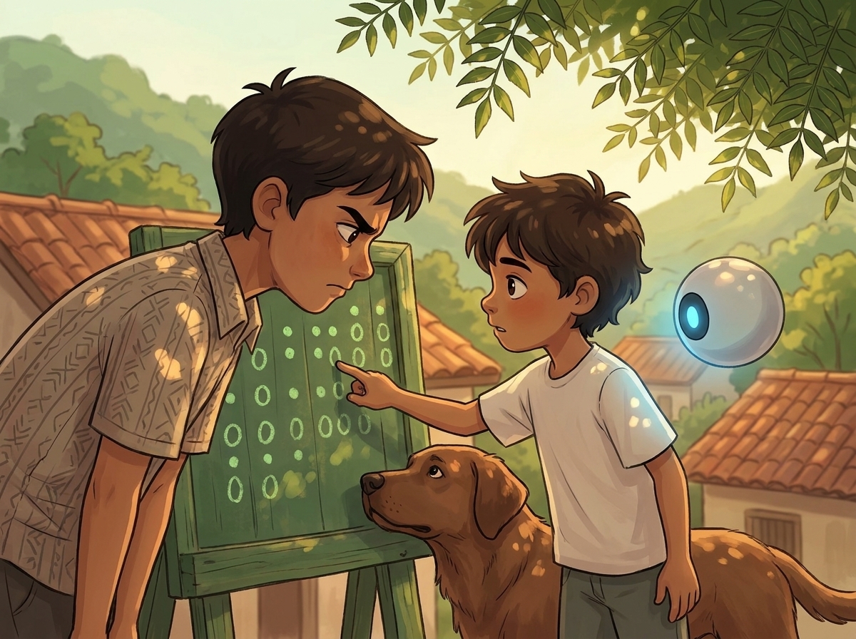Milo's hand on the green chalk dots, tracing the boom-and-zero pattern for Kabir who frowns at his own data, Spark glowing low and steady