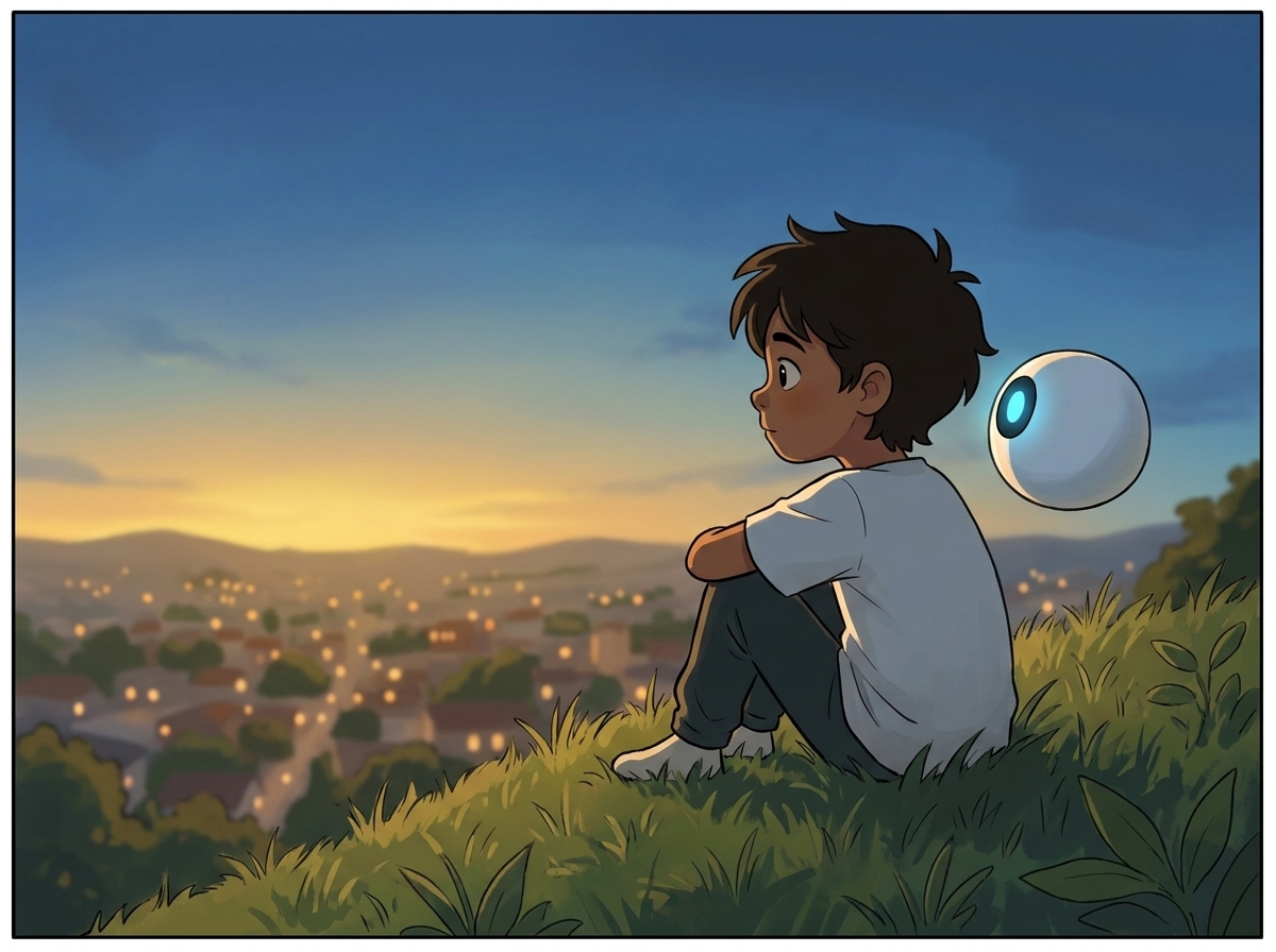 Milo sitting on the grassy hill above the Maidan in deep blue-gold dusk, Spark hovering beside his shoulder, two small silhouettes against the wide sky