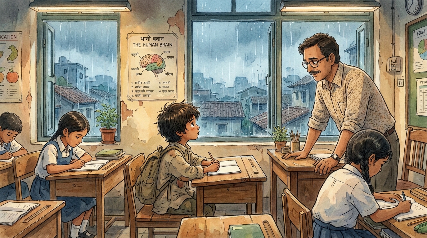 Milo at a back desk in Mr. Davani's science class, staring at the rain-streaked window instead of the board, a 'THE HUMAN BRAIN' chart behind them
