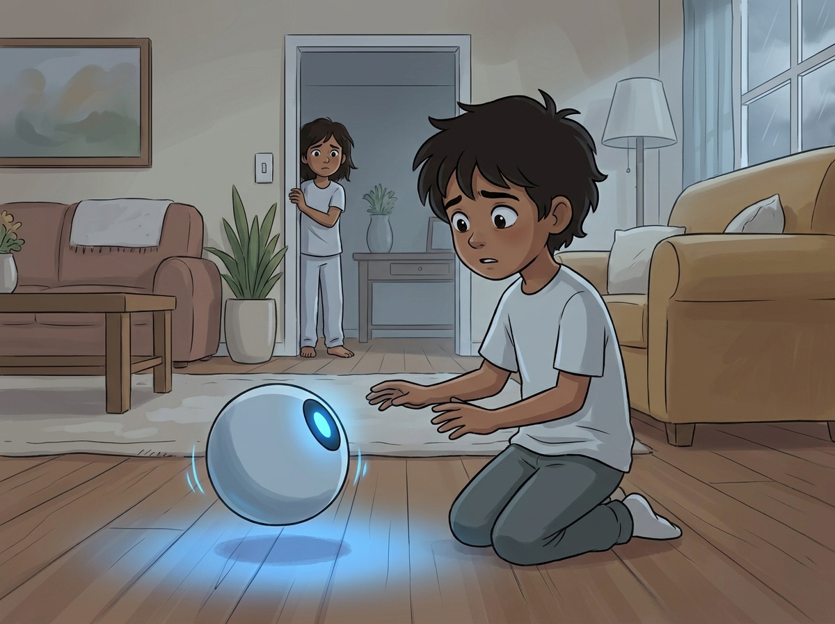 Milo's living room at dawn; Spark's blue light flickers fast then slow like a heartbeat losing its rhythm while Milo kneels with hands hovering and Tara freezes in the doorway