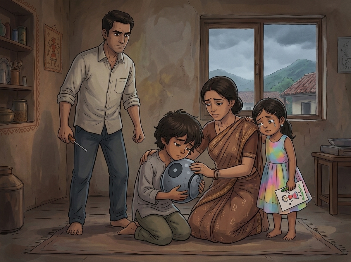 Milo cradling a dark, lightless Spark on the rug; Amma's arms around Milo, Appa standing grim with a screwdriver, Tara pressed to Amma's side holding a crayon drawing