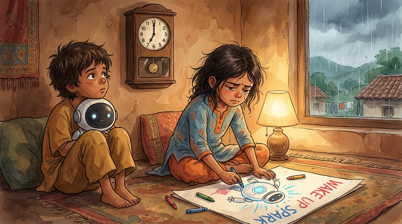 Tara cross-legged with crayons, tear-tracks on her cheeks, drawing a round Spark with a huge blue light and the words WAKE UP SPARK; Milo nearby holding the dark Spark, watching a clock