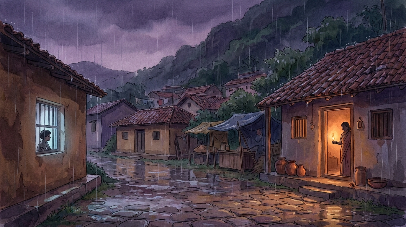 Wide dusk view of rainy Willowbrook with only two glows: Mrs. Kamala's oil lamp across the lane and the cool window of Milo's house; no Spark blue anywhere