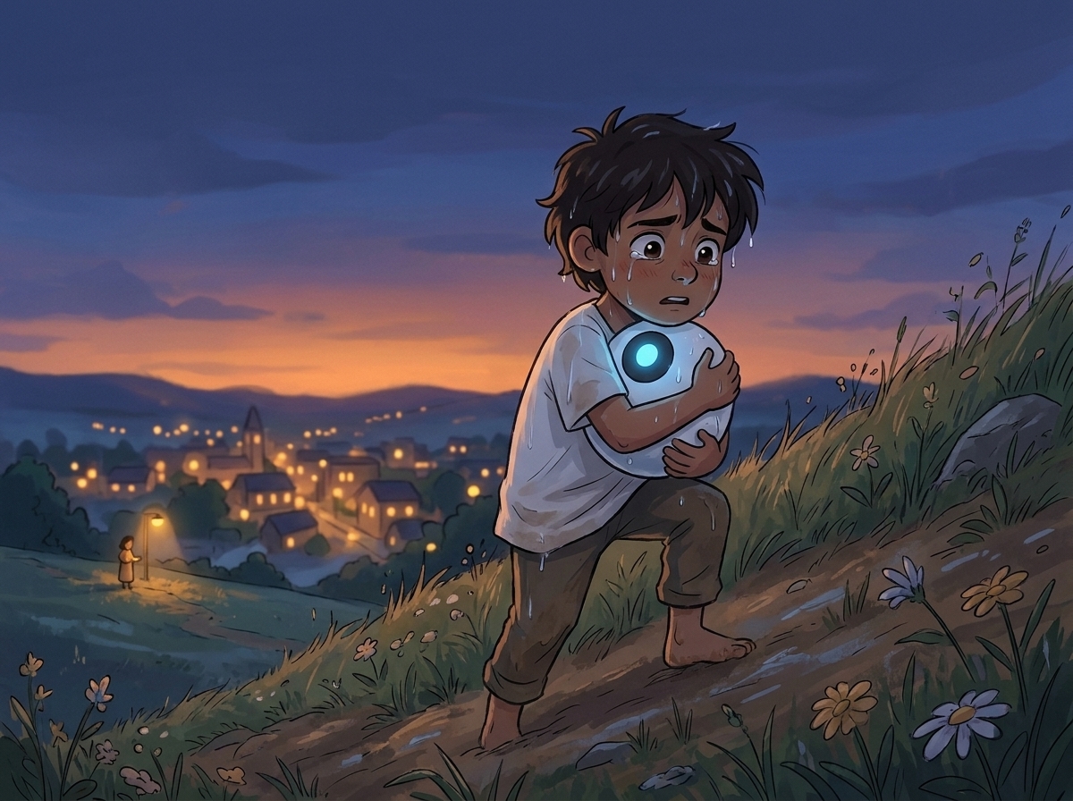 At twilight in a drizzle, Milo climbs the wet hill alone cradling Spark against their chest, its faint struggling blue glow the only blue in the dim landscape, the lights of Willowbrook below