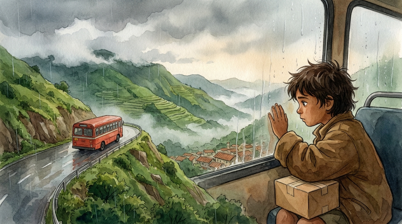 An old red government bus winding along a high road through the green monsoon hills, Milo small at a fogged window with a box on their lap