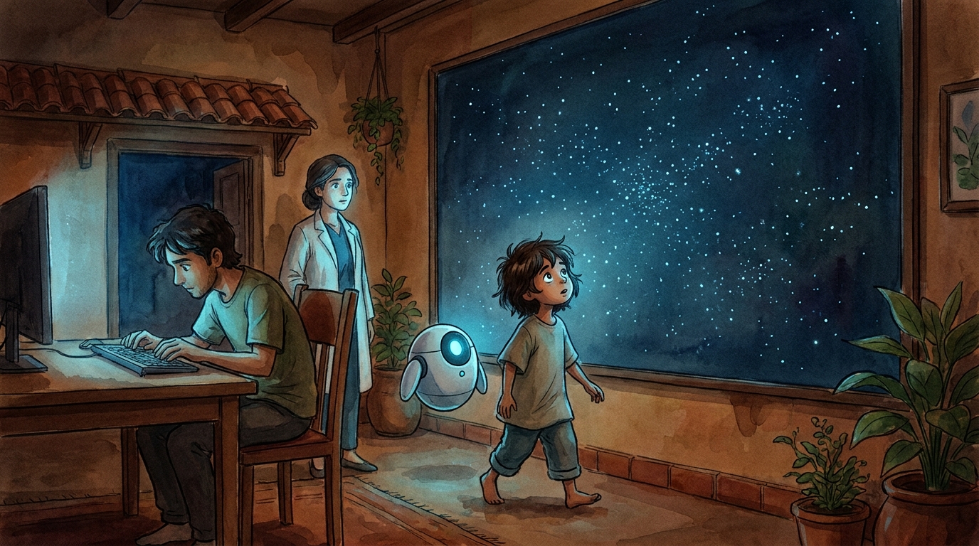 The mind-map wall coming alive in the dark room, the first tiny points of light beginning to appear like the first stars at dusk, Milo's face up-lit