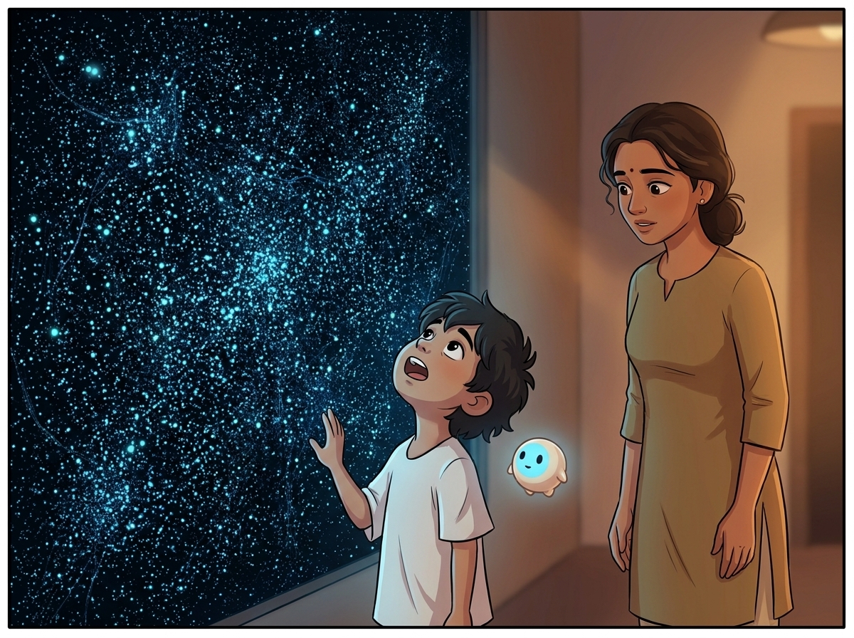 A vast galaxy of billions of tiny points of light joined by a near-infinite web of fine glowing threads, Milo standing small and dwarfed in front of it, head tilted back in awe
