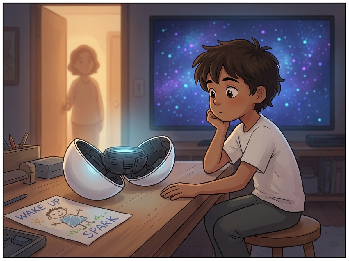Milo sitting on a stool, chin on the white bench, eye-level with the open little machine, one hand resting near it, the galaxy of dots still glowing faintly behind
