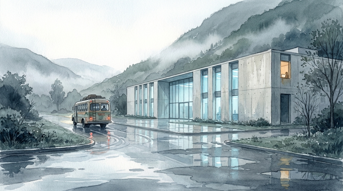 The Wren Institute at early morning — a long building of glass and pale concrete against grey-green hills, mist clinging to the slopes