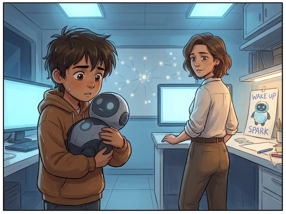Milo walks into the cool blue lab cradling the dark Spark, as Dr. Lena turns from the Big Screen