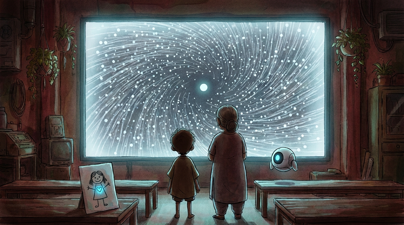 The Big Screen mid-zoom, billions of dots and threads rushing toward the viewer as one dot grows larger