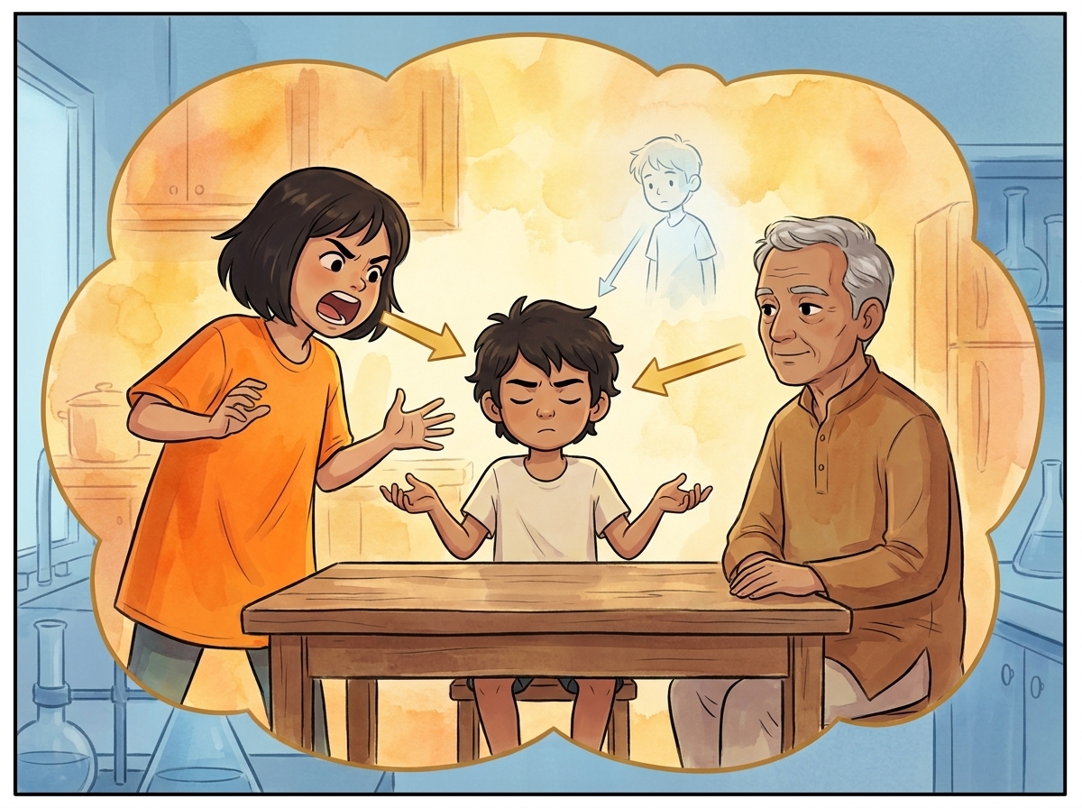 A warm imagined-thought panel — Milo surrounded by three figures: Tara drawn large and bright, Appa medium, and a faint barely-sketched stranger, with arrows of different thickness running toward Milo