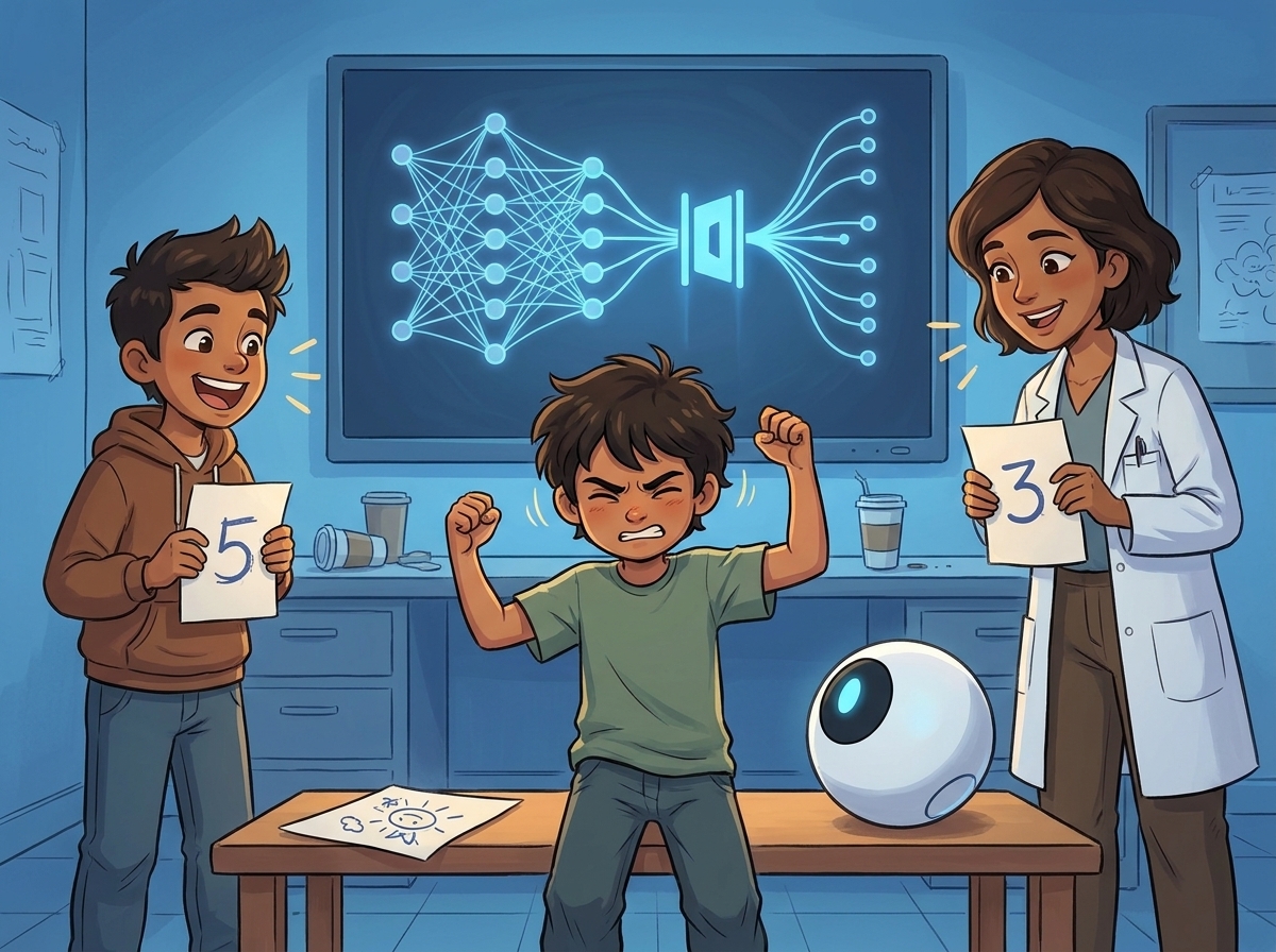 Milo stands in the middle of the lab as THE GATE, arms half-raised, while Ravi and Dr. Lena hold up scrawled numbers as input friends