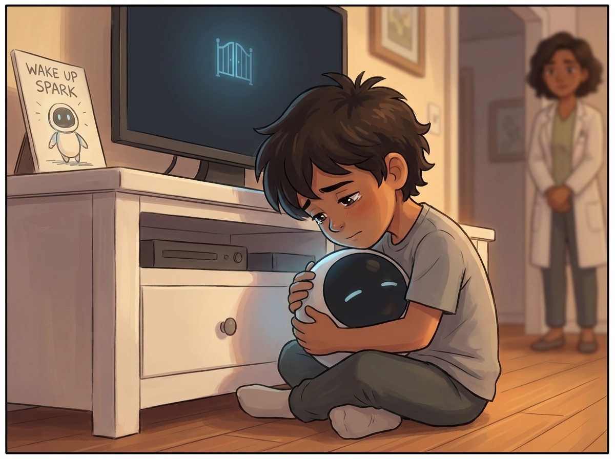 Milo sunk to the floor beside the workbench, the dark Spark gathered into their lap, eyes wet with aching tenderness