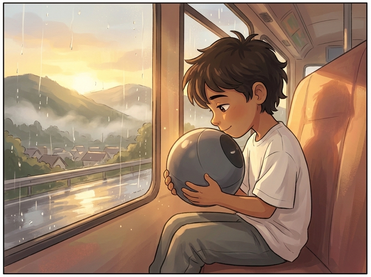 Inside the bus at golden hour, Milo by the window holding the dark Spark, the grey-green hills outside caught in the last gold light