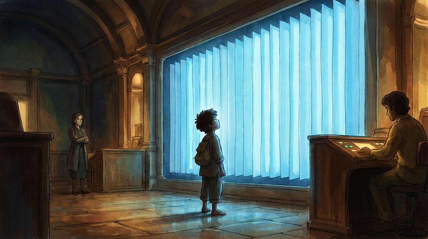 Milo stands tiny at the centre of the dim visualization room, bathed in the blue glow of the giant mind-map wall
