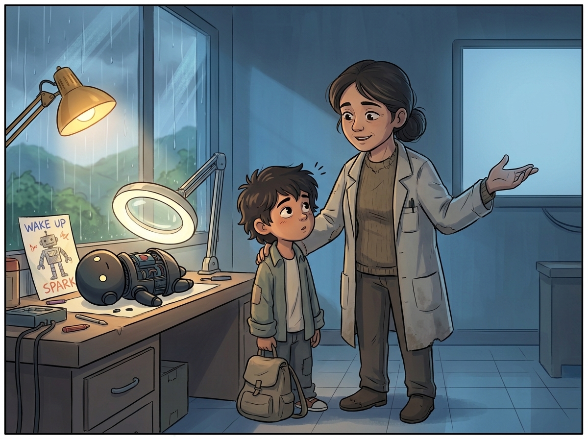 Dr. Lena rests a hand on Milo's shoulder, gesturing toward the unlit Big Screen