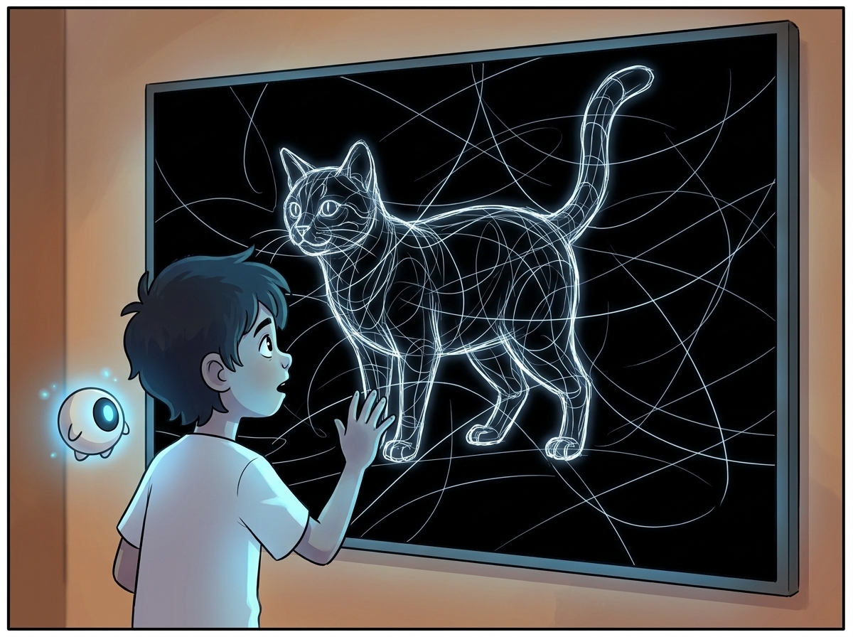 The Big Screen shows the cat reduced to a glowing tangle of edges and contours on pure black
