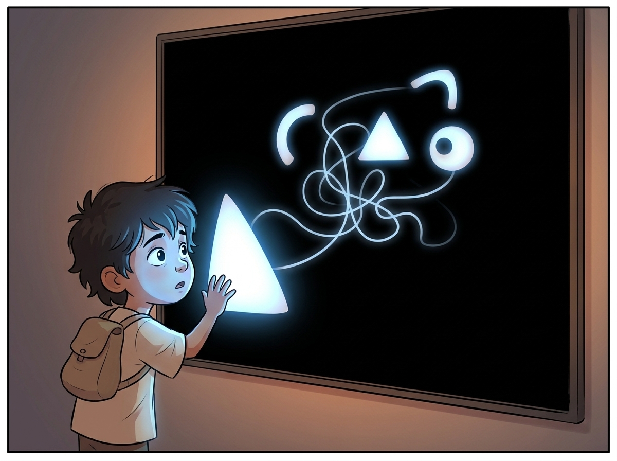 The glowing edges have organized into soft geometric shapes — a triangle, a circle — as Milo reaches toward the wall