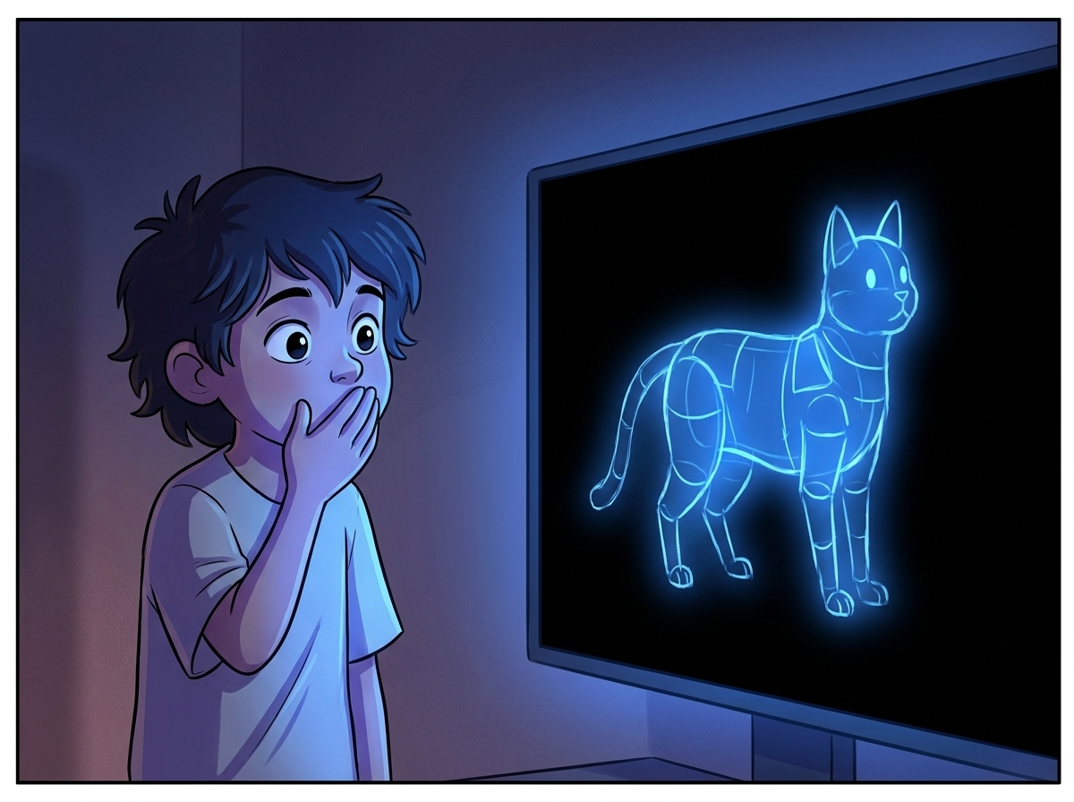 The floating shapes snap together into a recognizable but ghostly glowing outline of a cat