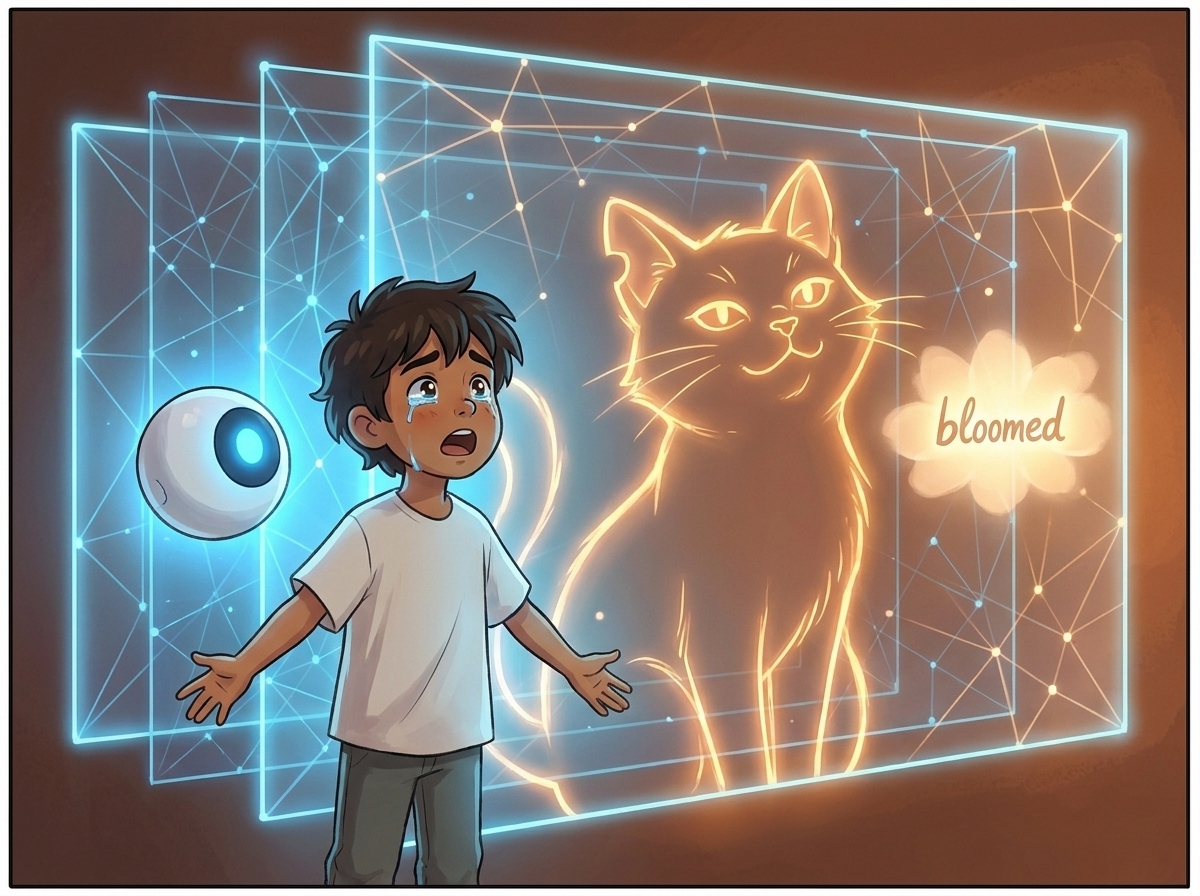 The cat resolves into warm recognition — the notched ear highlighted, a soft label of light blooming beside it — Milo transported at the centre