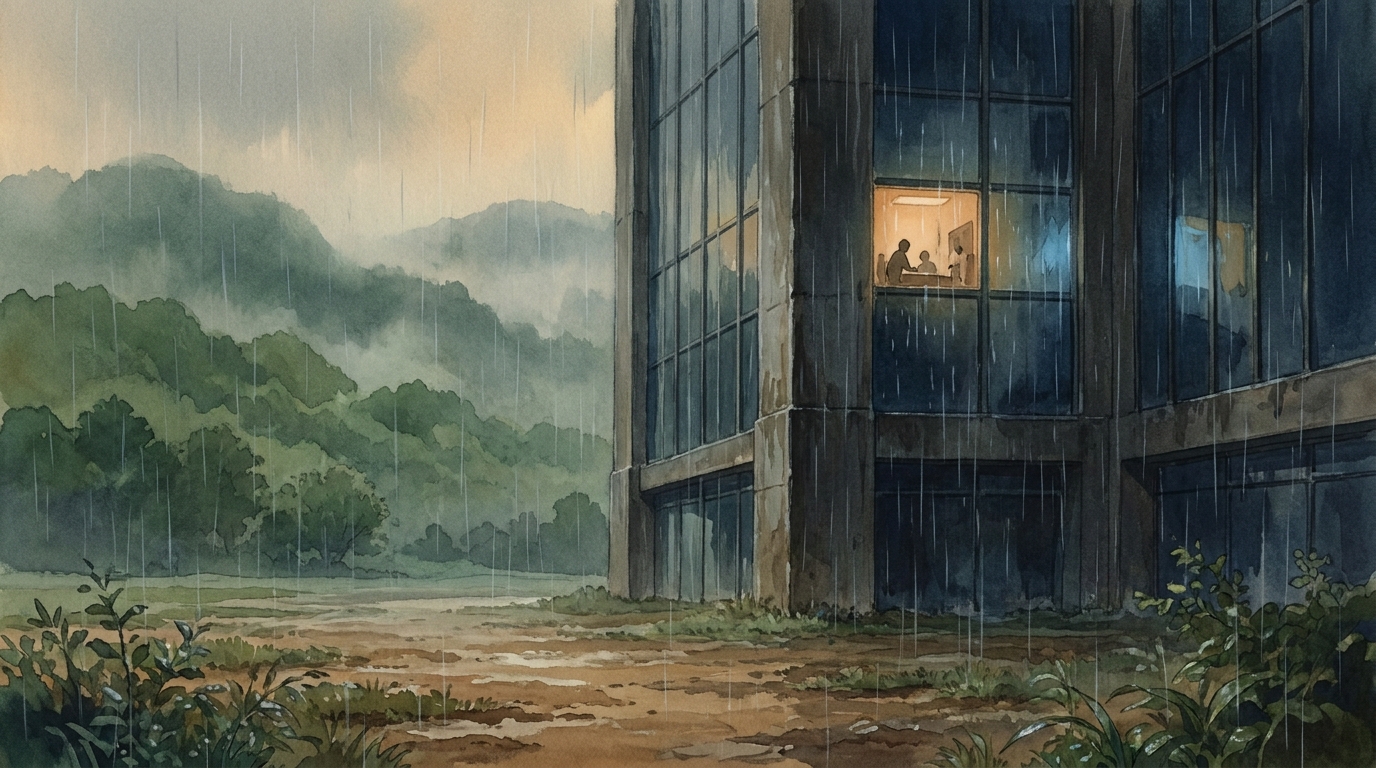 The Wren Institute at dawn in grey monsoon rain, one warm window glowing in the lab