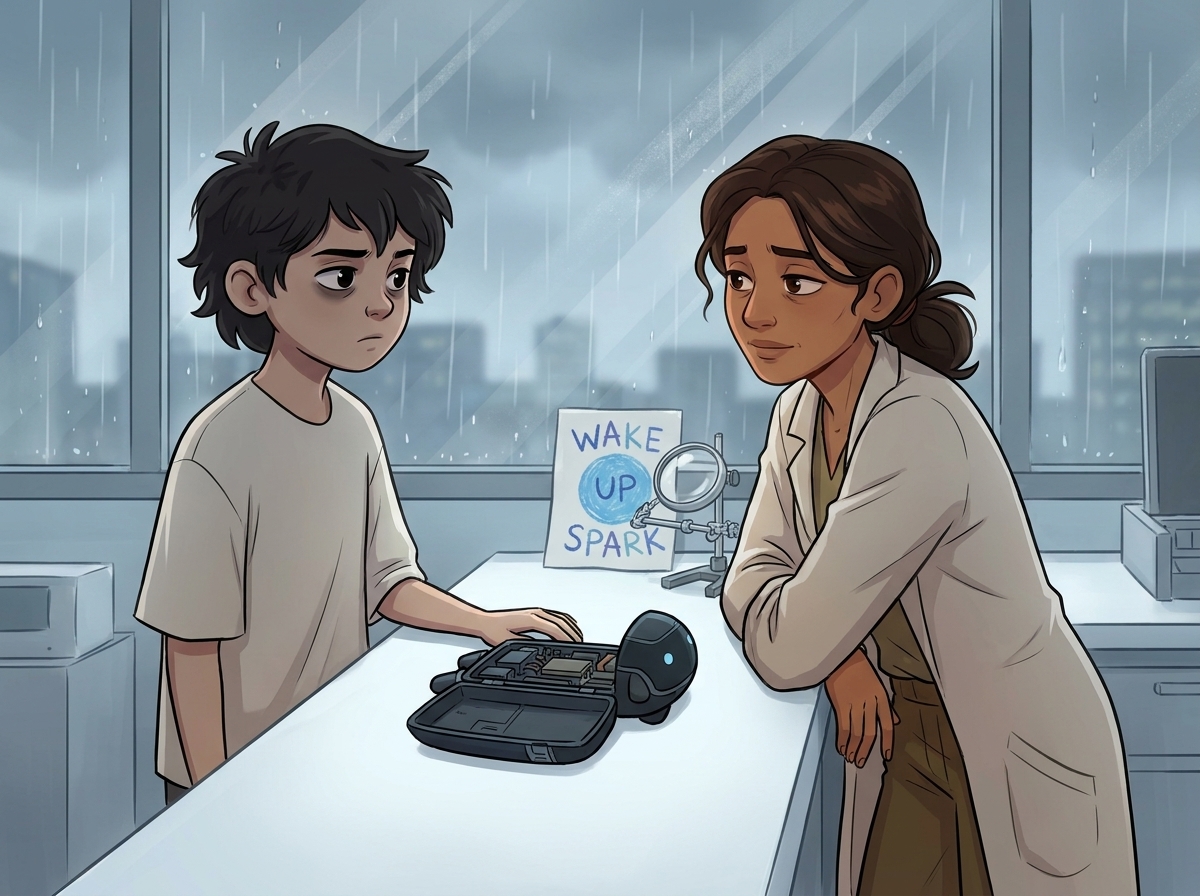 Dr. Lena leaning against the workbench, looking at Milo with tired kindness as the lesson begins