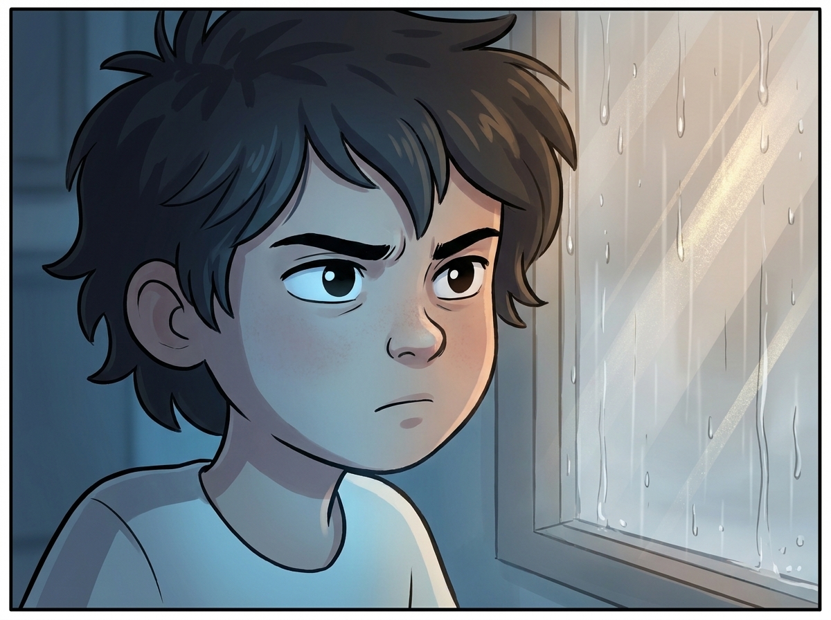 Tight close-up on Milo's face, brow furrowed, working through an idea that won't sit still
