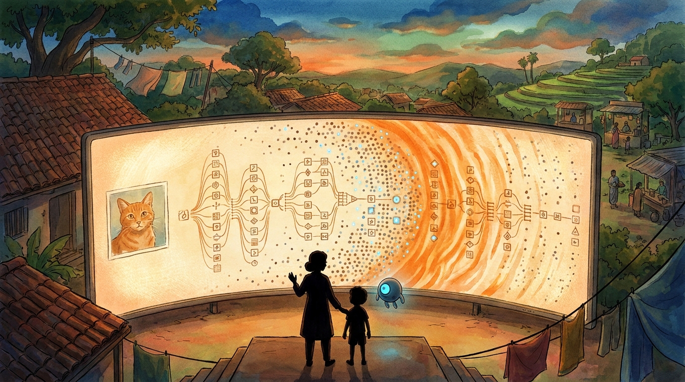The Big Screen showing the orange error-pulse travelling backward through the gates, thousands of dots adjusting in its wake