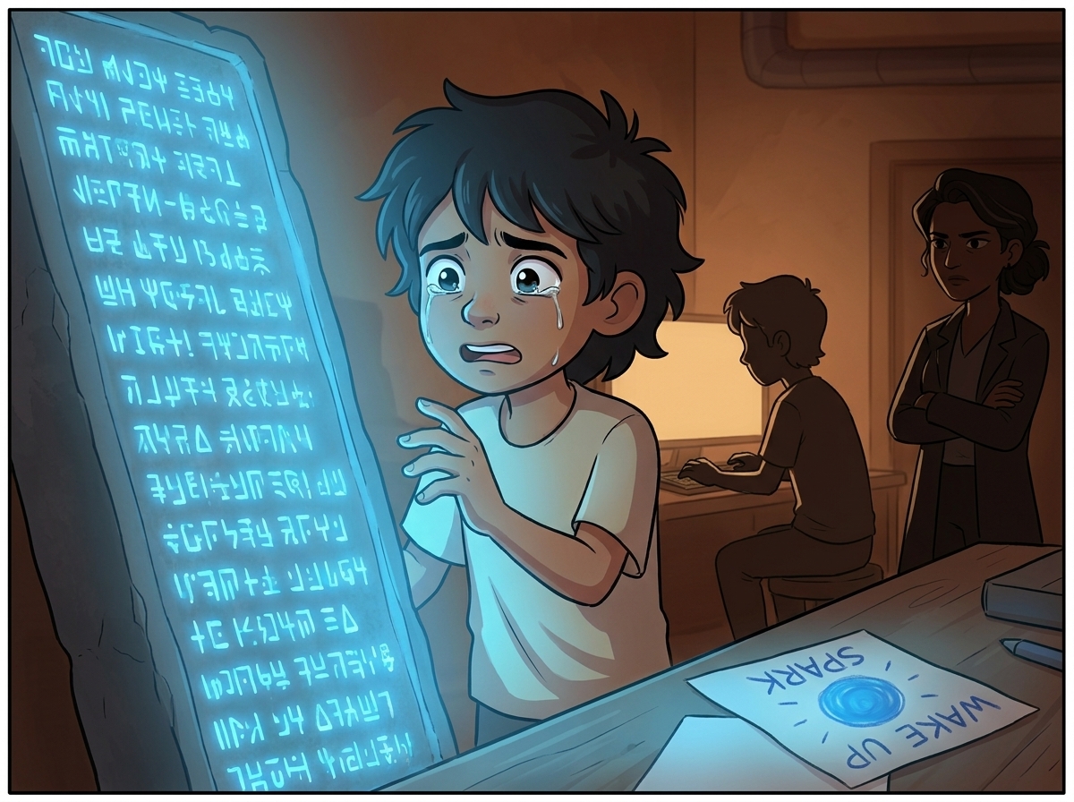 Milo alone before the towering scroll of text, fingertips not quite touching the glowing lines, face crumpling