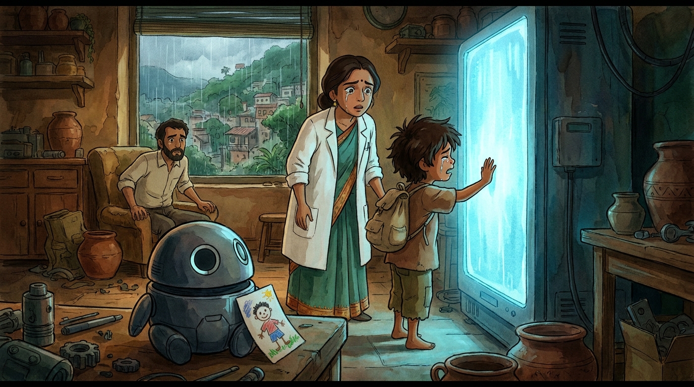 Milo crying openly before the Log, hand flat against the glowing wall, Dr. Lena beside them, her composure cracking