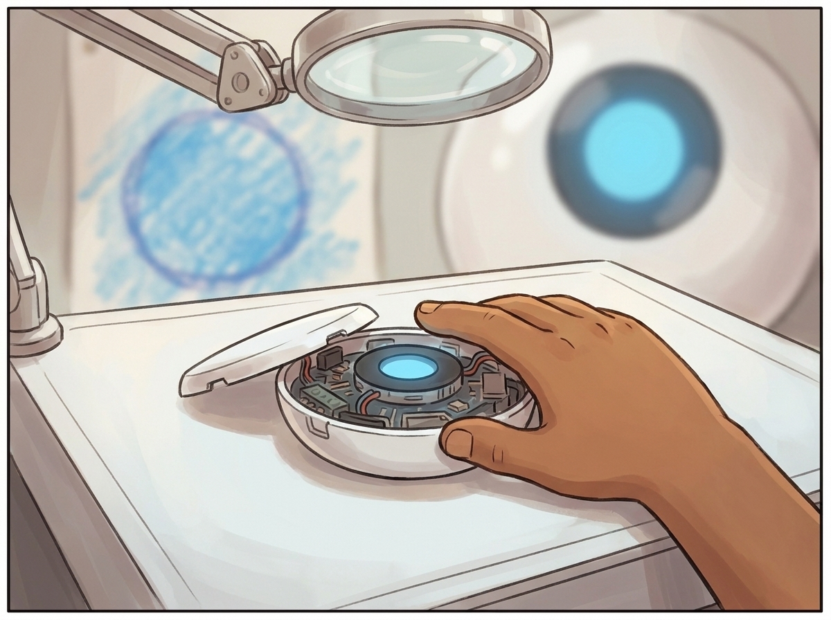 Macro close-up of Milo's hand resting on the bench just beside the small opened body of Spark, its blue light dark